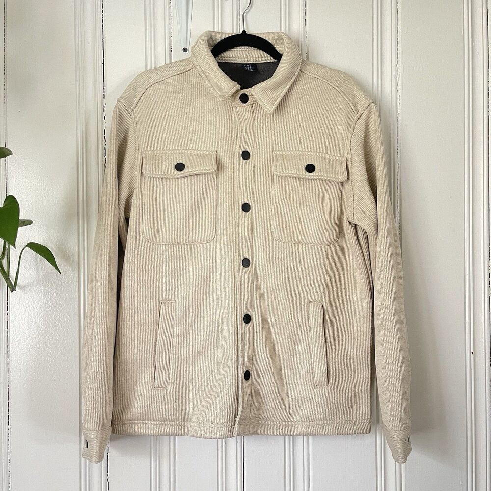 George Men Beige Cream Fleece Knit Shirt Long Sleeve Snap Buttons Jacket Size S